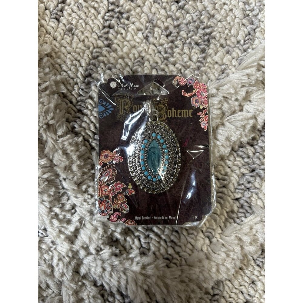 Blue Moon Beads Royal Boheme Metal Oval Pendant Silver and Simulated Turquoise
